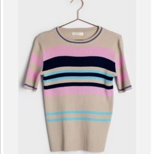 Roolee Ribbed 3/4 Sleeve Pullover Beige Striped Pink Blue Sweater Sz S
